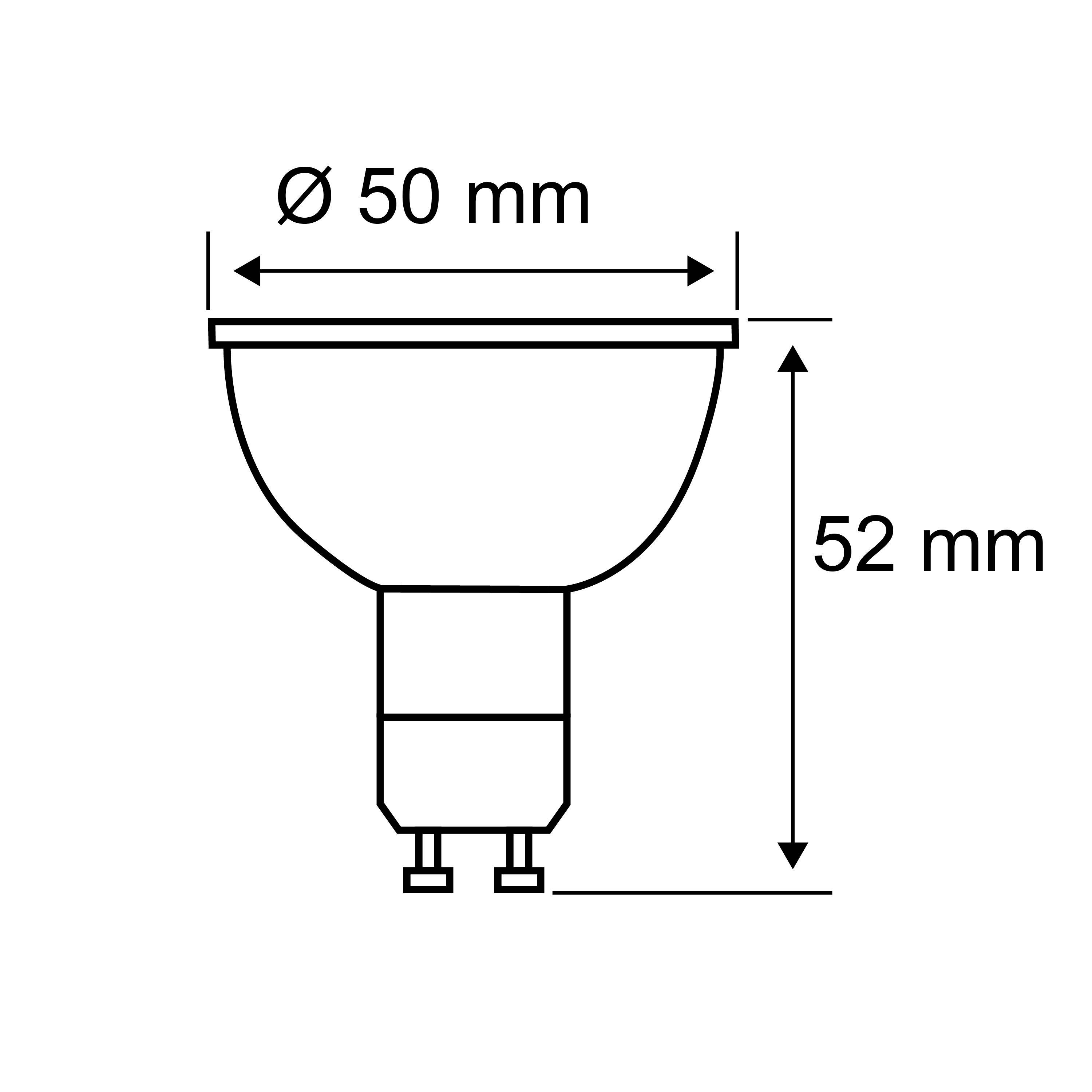 Diagramm einer LED-Lampe mit GU10-Fassung. Durchmesser 50 mm, Höhe 52 mm.