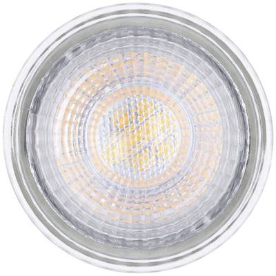 Eine LED-Lampe von oben betrachtet, zeigt das hell leuchtende, kreisförmige Muster des Glühfadens und der Reflektorstruktur.