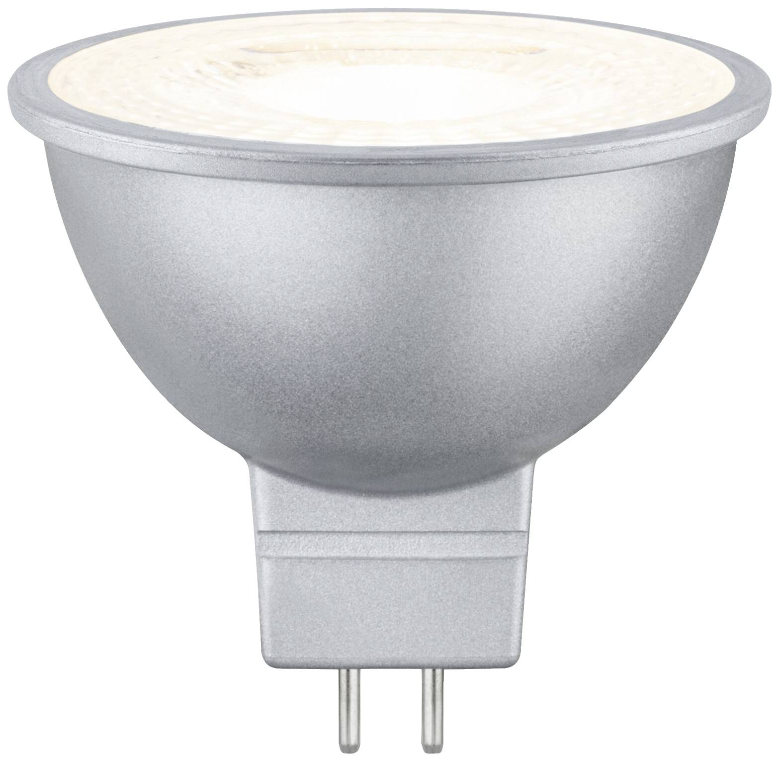Ein LED-Spotlight mit silbernem Gehäuse und zwei Stiften zur elektrischen Verbindung, passend für Beleuchtungslösungen im Innenbereich.