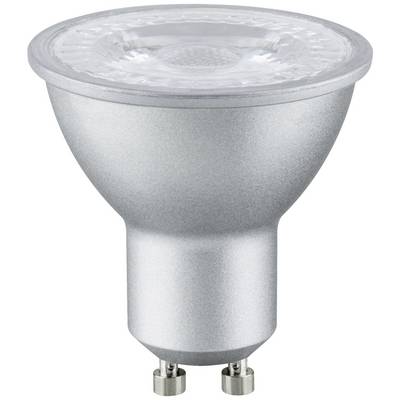 LED-Glühlampe mit GU10-Sockel, silbernes Gehäuse, transparente Abdeckung oben. Geeignet für energieeffiziente Beleuchtung.