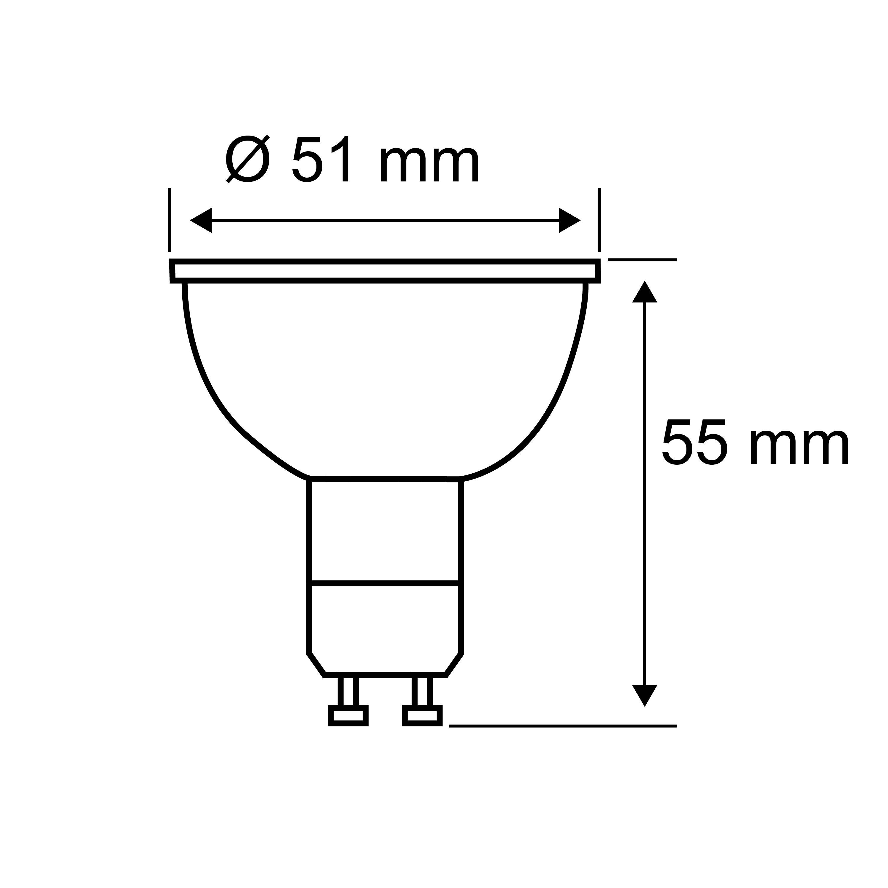 Zeichnung einer GU10-LED-Lampe mit Abmessungen: Durchmesser 51 mm, Höhe 55 mm.