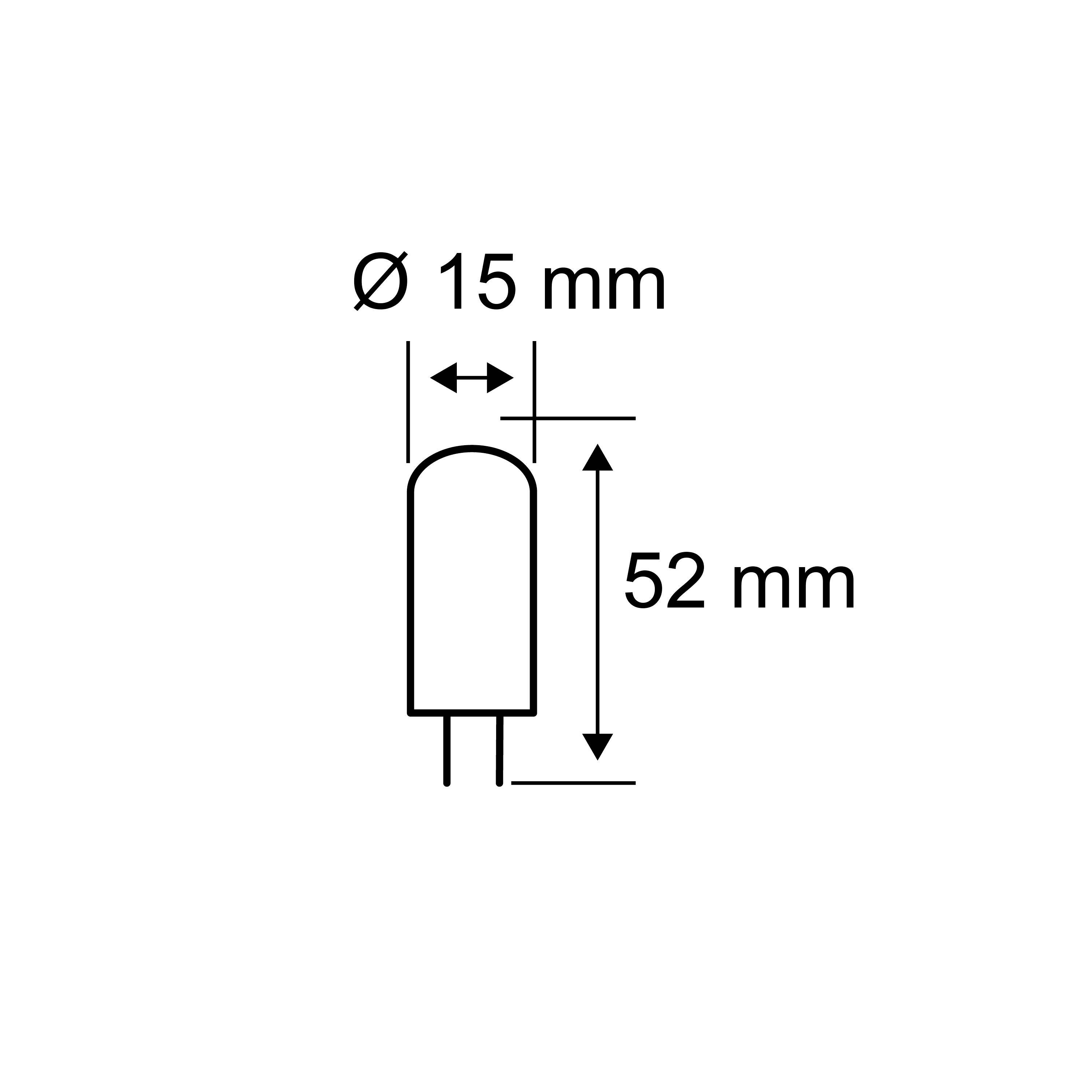 'Diagramm eines elektrischen Bauteils: Zylinderhöhe 52 mm, Durchmesser 15 mm.'