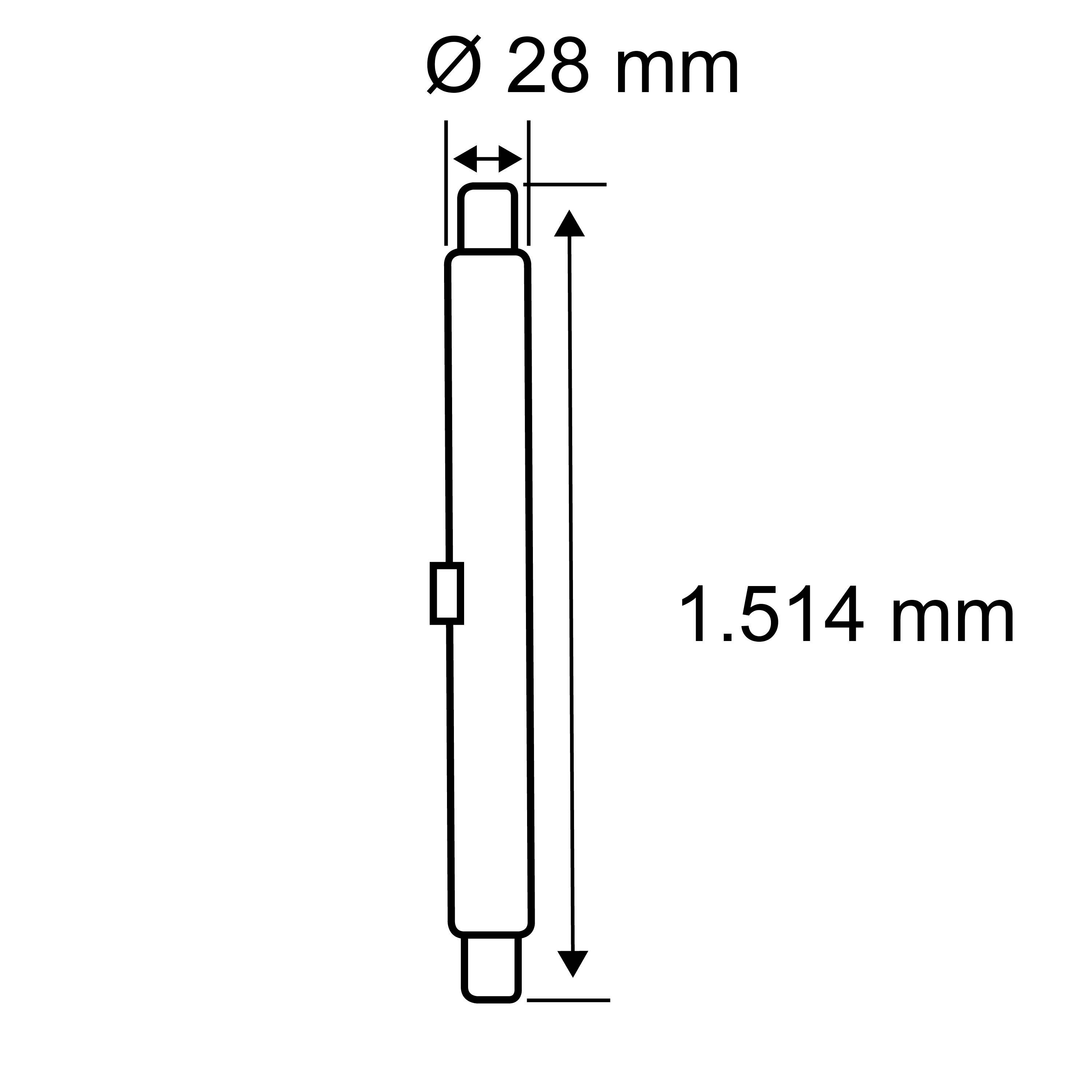 Technische Zeichnung eines zylindrischen Objekts mit einem Durchmesser von 28 mm und einer Länge von 1.514 mm.