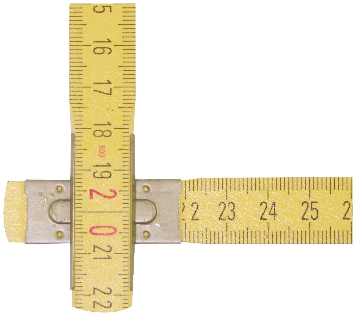 'Zwei gelbe Maßbänder, kreuzförmig angeordnet. Das vertikale Band zeigt bis 20 cm, das horizontale bis 25 cm.'