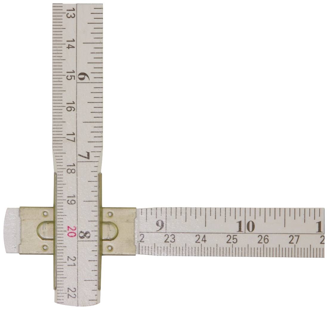 Zwei ineinandergesteckte Zollstöcke, einer vertikal, einer horizontal ausgerichtet, zeigen Maßeinheiten in Zoll an.