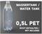 Eine Wasserflasche aus Plastik steht vor einem grauen Hintergrund. Text: 'Wassertank / Water Tank, 0,5L PET, nicht enthalten / not included'.