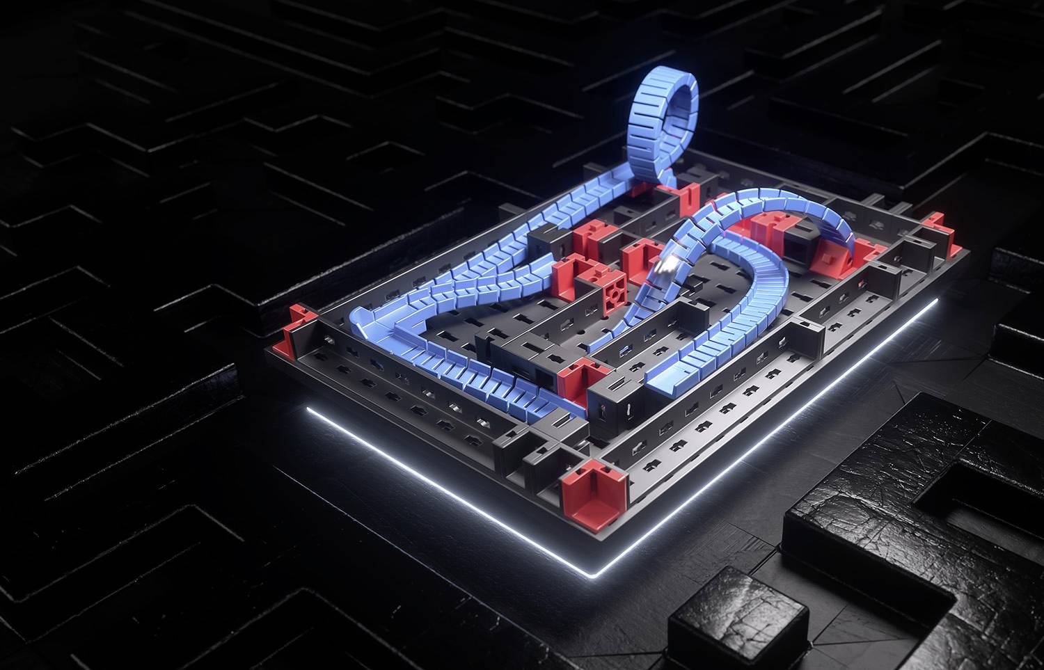 Ein 3D-Schaltkreis mit blauen und roten Elementen auf einem leuchtenden schwarzen Untergrund, der komplexe Strukturen zeigt.