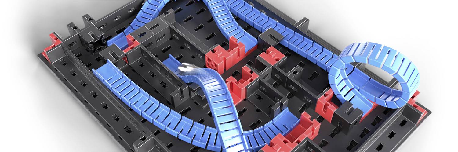 Kugellabyrinth mit blauen Wegen, roten Hindernissen und einer Kugel, die durch das Labyrinth rollt. Die Wege sind spiralförmig angeordnet.