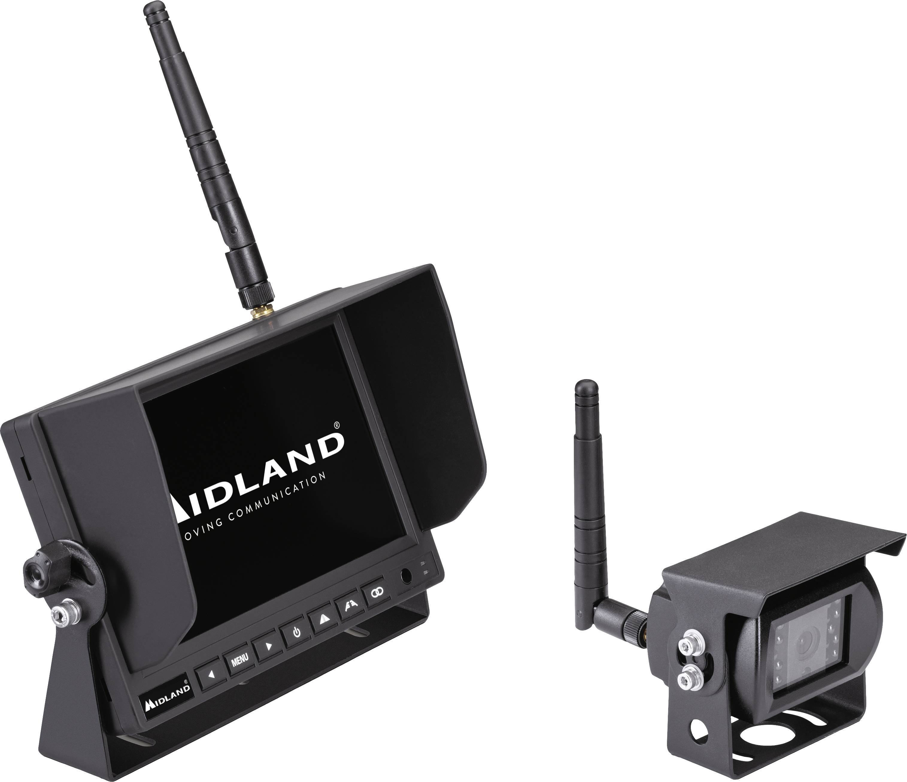 Drahtloses Rückfahrkamera-Set mit Monitor links und Kamera rechts; beide mit Antennen, für sichere Fahrzeugnavigation.