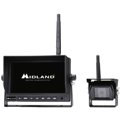 Ein drahtloses Überwachungssystem mit Bildschirm und Kamera von Midland. Der Bildschirm zeigt das Midland-Logo.