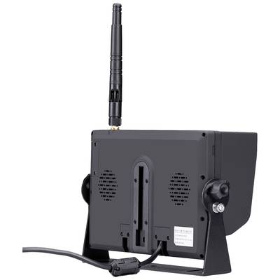 Rückansicht eines schwarzen elektronischen Geräts mit Antenne, Halterung und Kabel, möglicherweise ein Monitor oder Funkgerät.