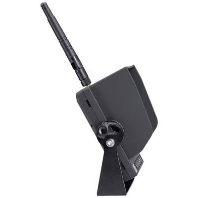Ein schwarzes elektronisches Gerät mit einem Antennenaufsatz, seitlich montiert auf einem Ständer.