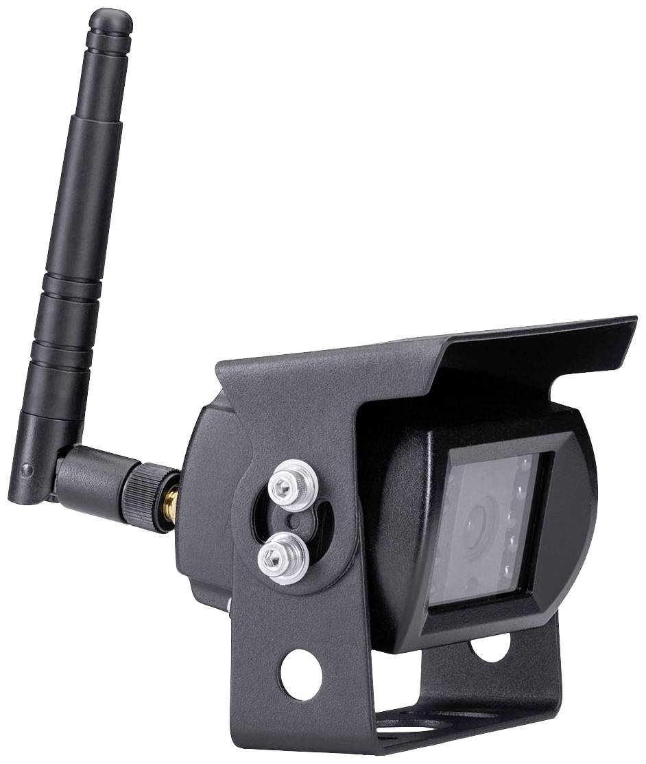 Eine schwarze drahtlose Kamera mit Antenne in einem diagonalen Blickwinkel, montiert auf einem rechteckigen Sockel.