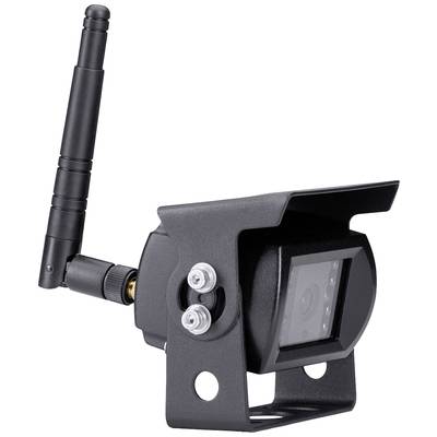 Eine schwarze drahtlose Kamera mit Antenne in einem diagonalen Blickwinkel, montiert auf einem rechteckigen Sockel.