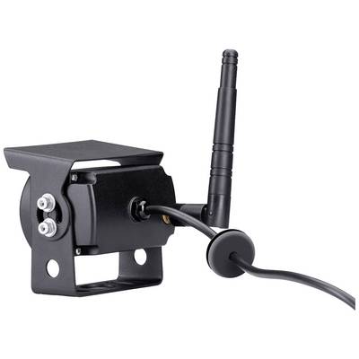 Eine schwarze drahtlose Kamera mit Antenne und Kabel, montierbar mit Schrauben, auf weißem Hintergrund abgebildet.