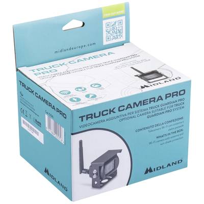 Kartonverpackung für 'Truck Camera Pro' von Midland, mit Bild der Kamera und beschreibendem Text über Funktionen und Verpackungsinhalt.