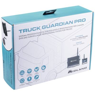 Die Verpackung des 'Truck Guardian Pro' zeigt ein Überwachungssystem für Lkw, mit H.264 DVR und aufgelistetem Full-HD-Monitor.
