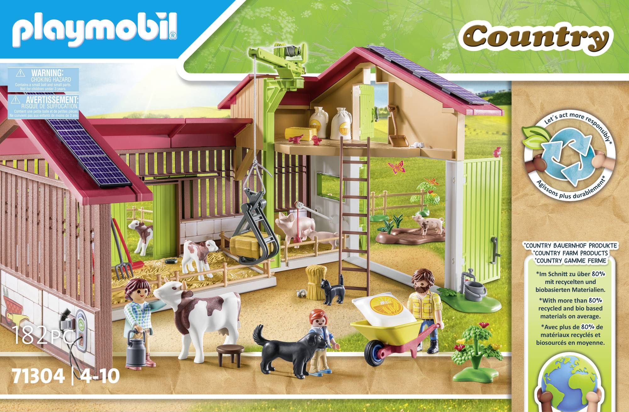 Spielzeug-Bauernhof-Set von Playmobil. Enthält Scheune, Tiere wie Kühe und Ziegen, sowie Figuren, die den Hof pflegen.