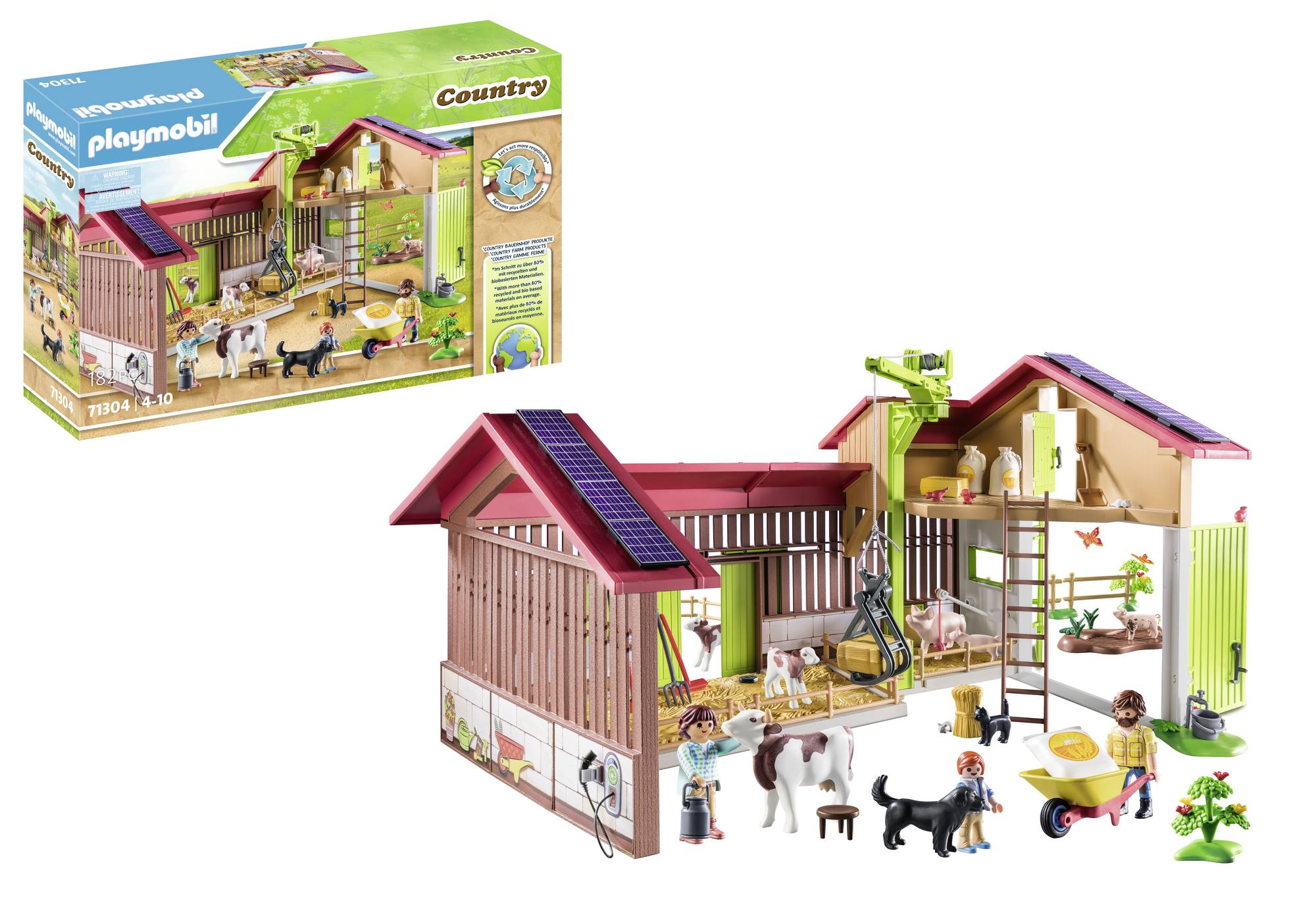 Playmobil-Bauernhof-Set mit Tieren, Figuren und Zubehör; zeigt eine Scheune mit Solarpanelen, verschiedenen Tieren und zwei Menschen. Verpackung oben links abgebildet.
