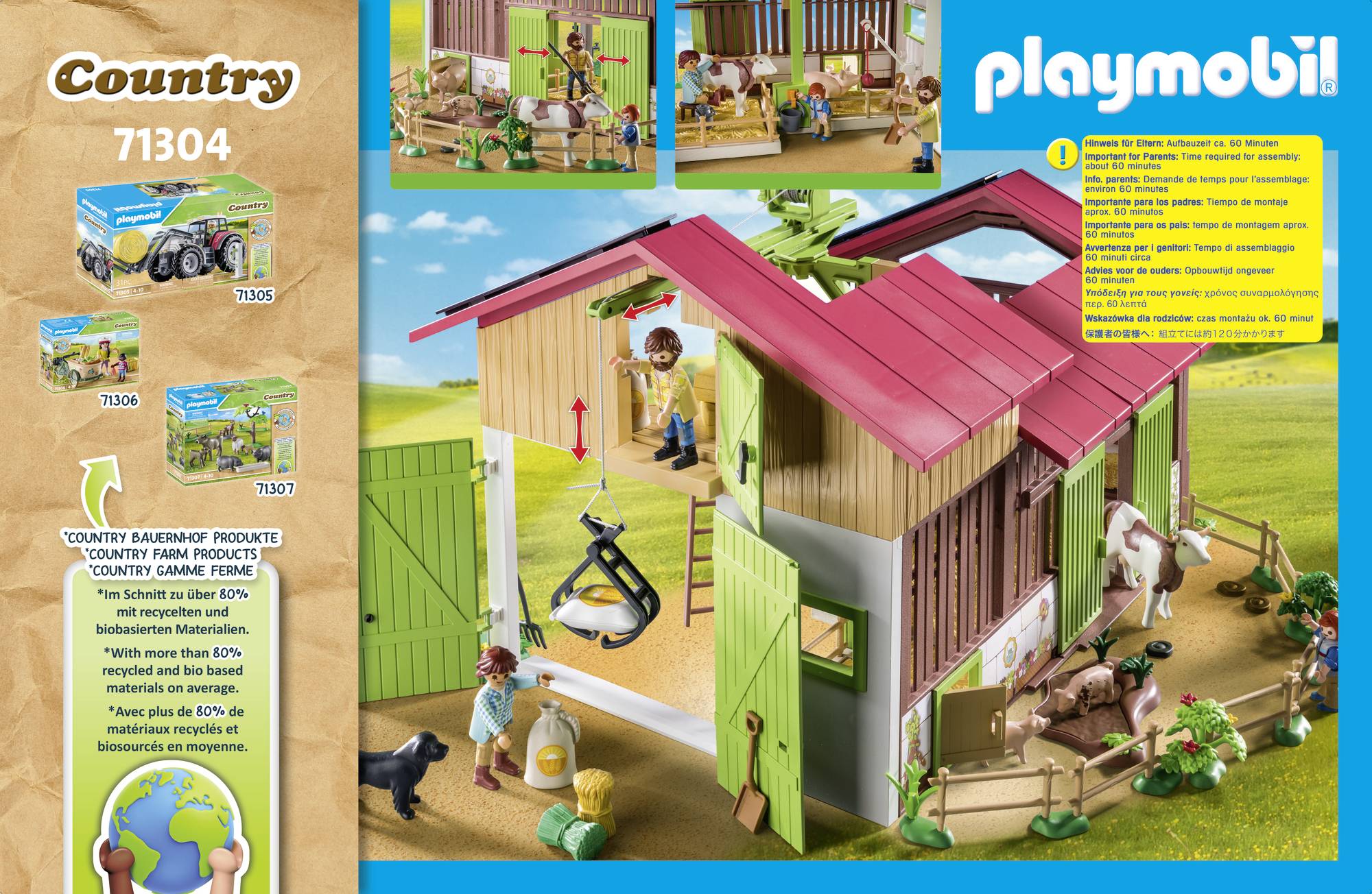 Playmobil-Spielset mit Bauernhof-Szene: Scheune mit Tieren (Kühe, Pferde), Traktor und Figuren, die Hofarbeiten verrichten.