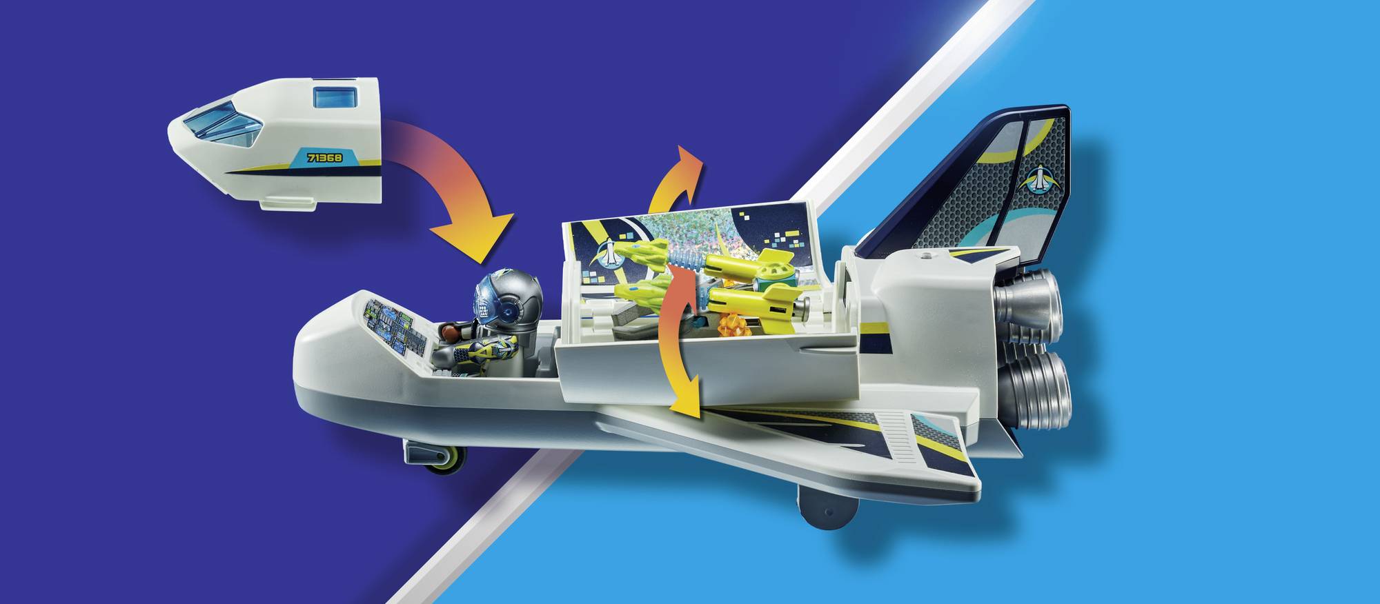 Spielzeug-Space Shuttle-Set mit abnehmbarer Cockpit-Kapsel und Satellit. Enthält eine Actionfigur in Raumanzug. Hintergrund in Blau.