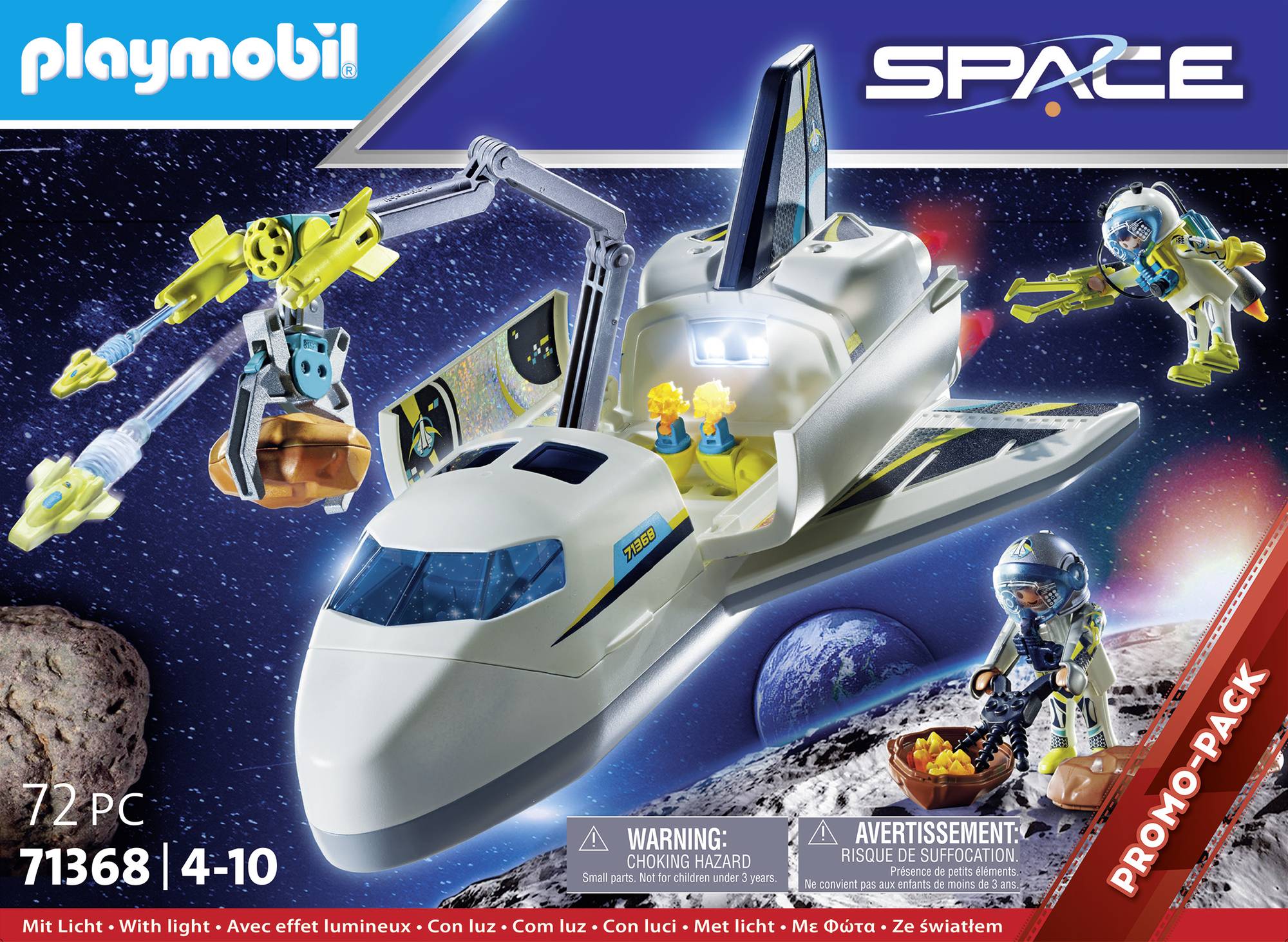 Playmobil Space Promo-Set mit Raumschiff, zwei Astronauten und Zubehör im Weltraum. Verpackung zeigt Artikelnummer 71368.