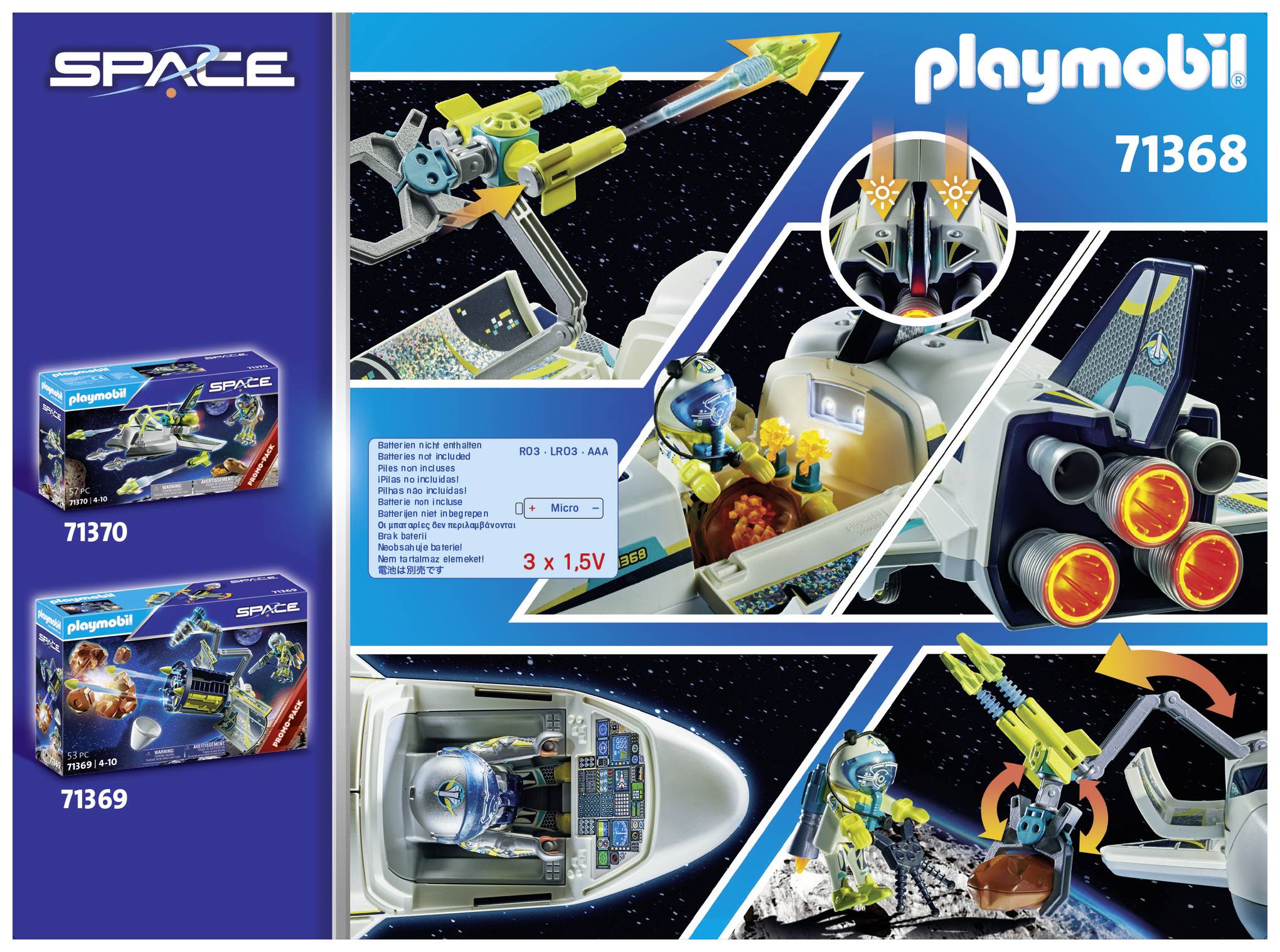 Playmobil Space-Set 71368: Enthält ein Raumschiff, Astronauten und Zubehör im Weltraumkontext. Verpackungsabbildung und Details.