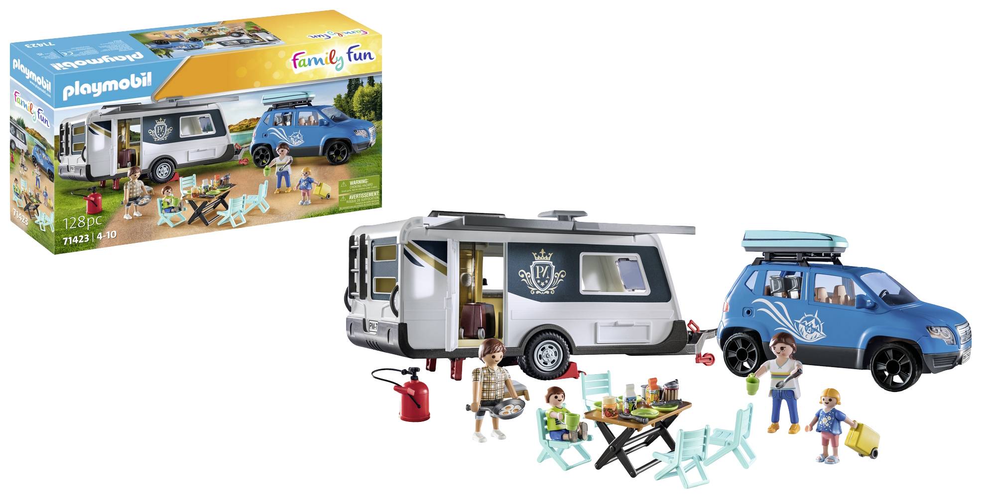 Spielset mit Wohnmobil, SUV, Familie und Campingzubehör. Verpackung zeigt Spielszenen auf einem Campingplatz.