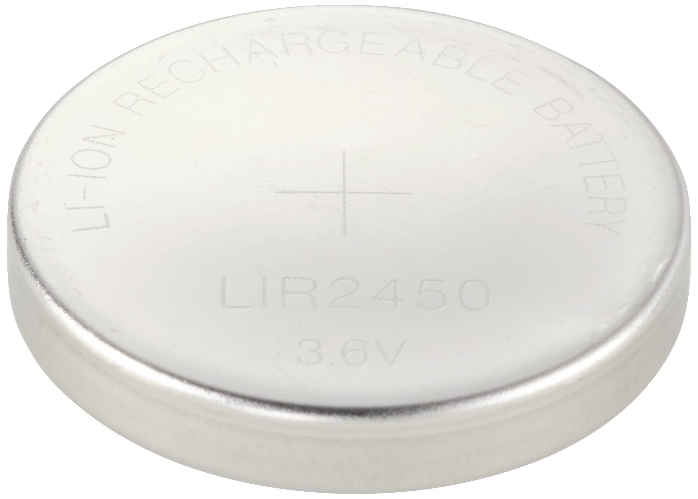 Eine silberne Knopfzellenbatterie mit der Aufschrift 'LI-ION RECHARGEABLE BATTERY LIR2450 3.6V'.