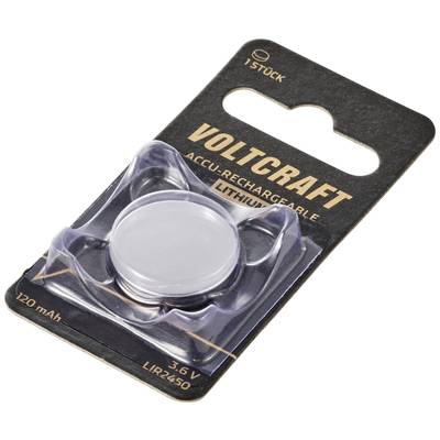 Eine einzelne Lithium-Knopfzelle in Plastikverpackung, markiert mit 'Voltcraft', 3,6V, 120mAh, wiederaufladbar.