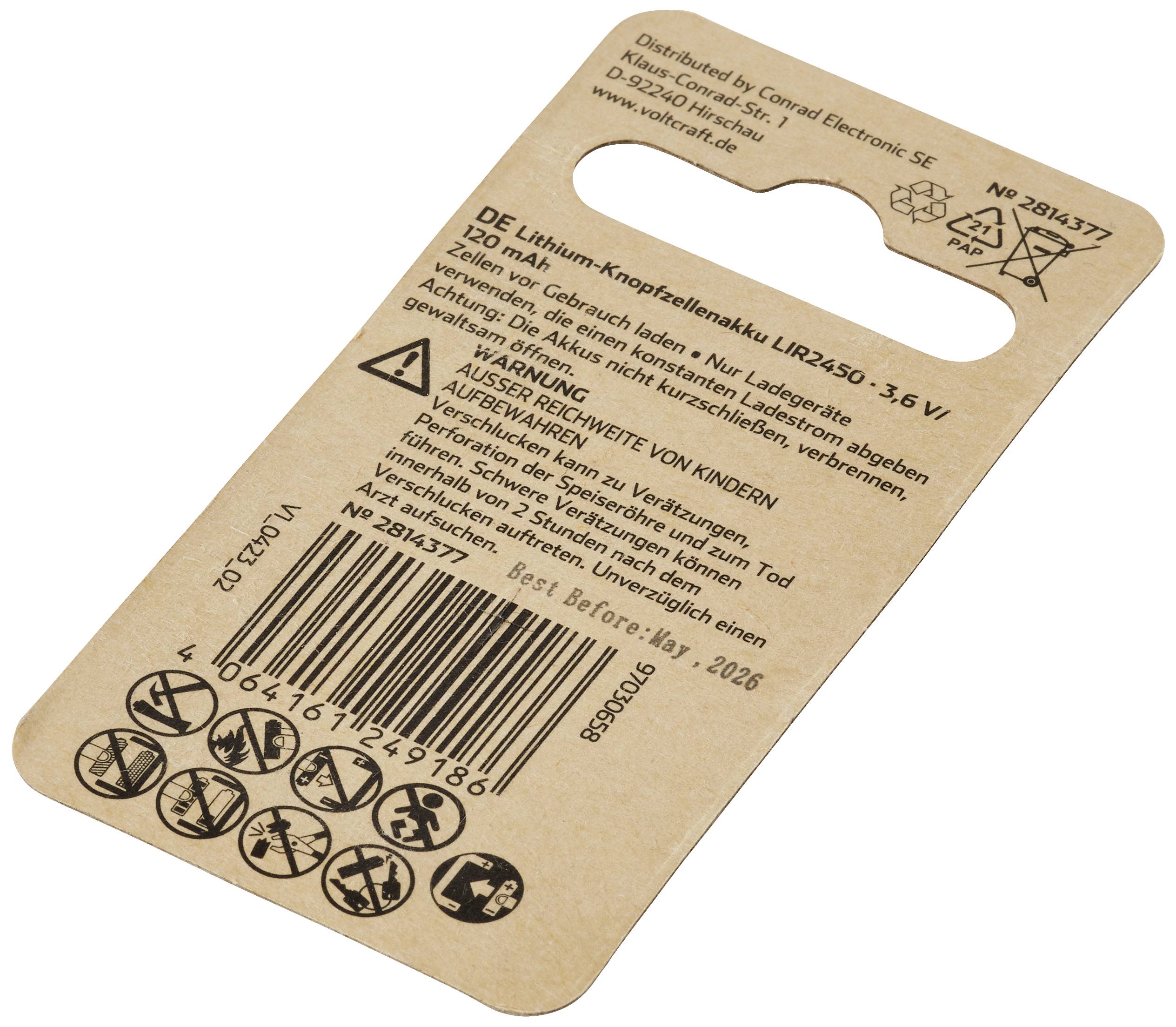 'Lithium-Knopfzellenakku LIR2450 – 3,6 V, 120 mAh. Warnhinweise: Von Kindern fernhalten. Nicht schlucken. Entsorgungshinweise beachten. Informationen zur Lagerung und Nutzung enthalten.'