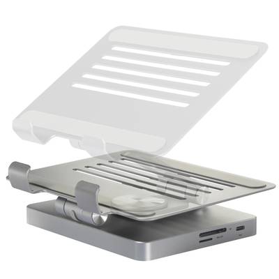 Ein silberfarbener Laptop-Ständer mit verstellbarer Halterung und Lüftungsschlitzen, kompatibel mit verschiedenen Geräten.