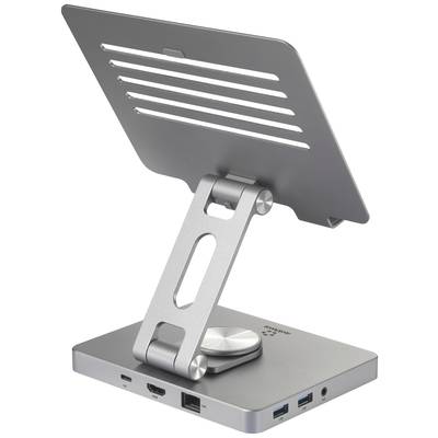 Silberfarbener Laptopständer mit verstellbarem Gelenk. Ermöglicht Stabilität und Belüftung, enthält Anschlüsse für zusätzliche Geräte.