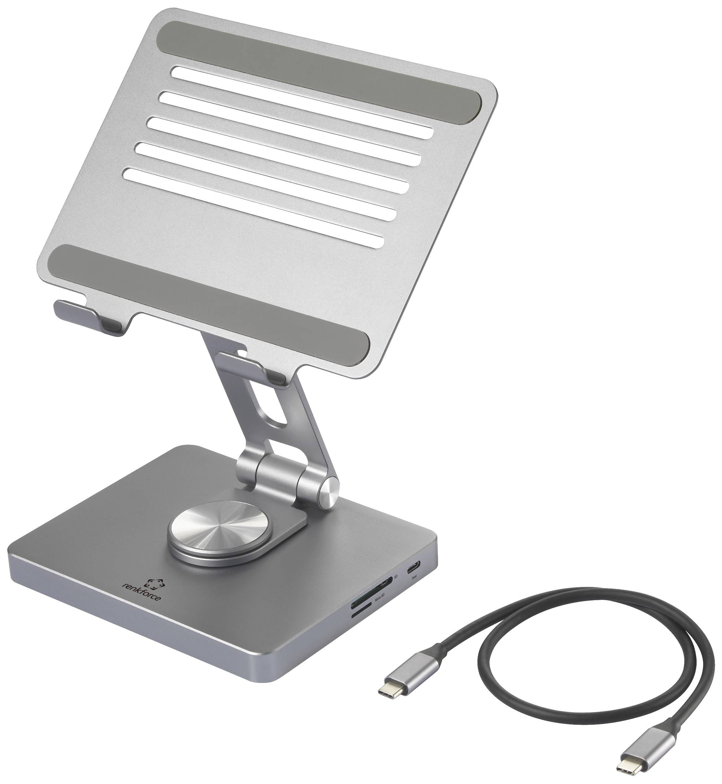 Metallischer Laptop-Ständer mit verstellbarem Gelenk und rutschfesten Streifen, inklusive USB-Kabel.