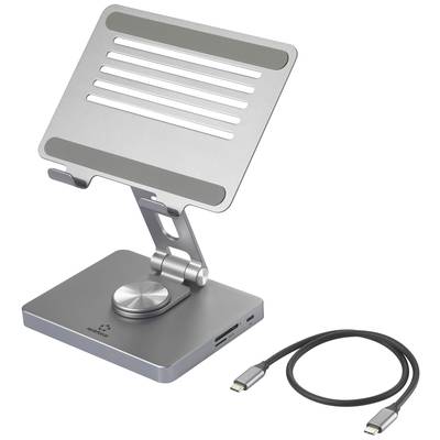 Metallischer Laptop-Ständer mit verstellbarem Gelenk und rutschfesten Streifen, inklusive USB-Kabel.