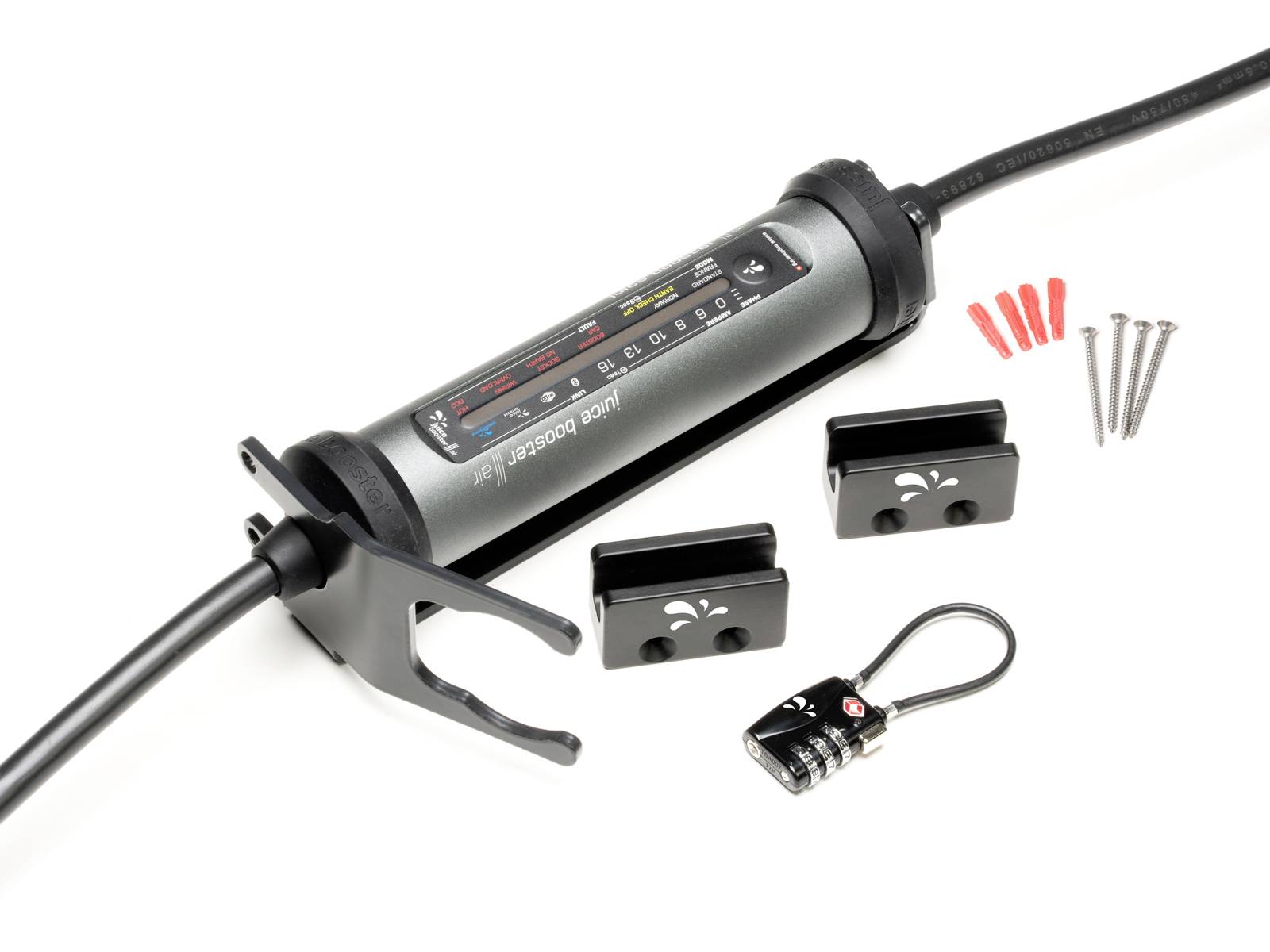 Ein Kabelschloss mit Zahlencode und Wandhalterung. Zubehörteile wie Schrauben und Dübel sind ebenfalls abgebildet.