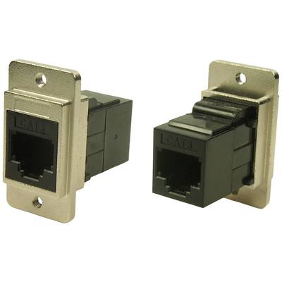 'Zwei schwarze RJ45-Netzwerkbuchsen in einem Metallrahmen, nebeneinander, zeigen die Vorderseite mit den Anschlüssen.'