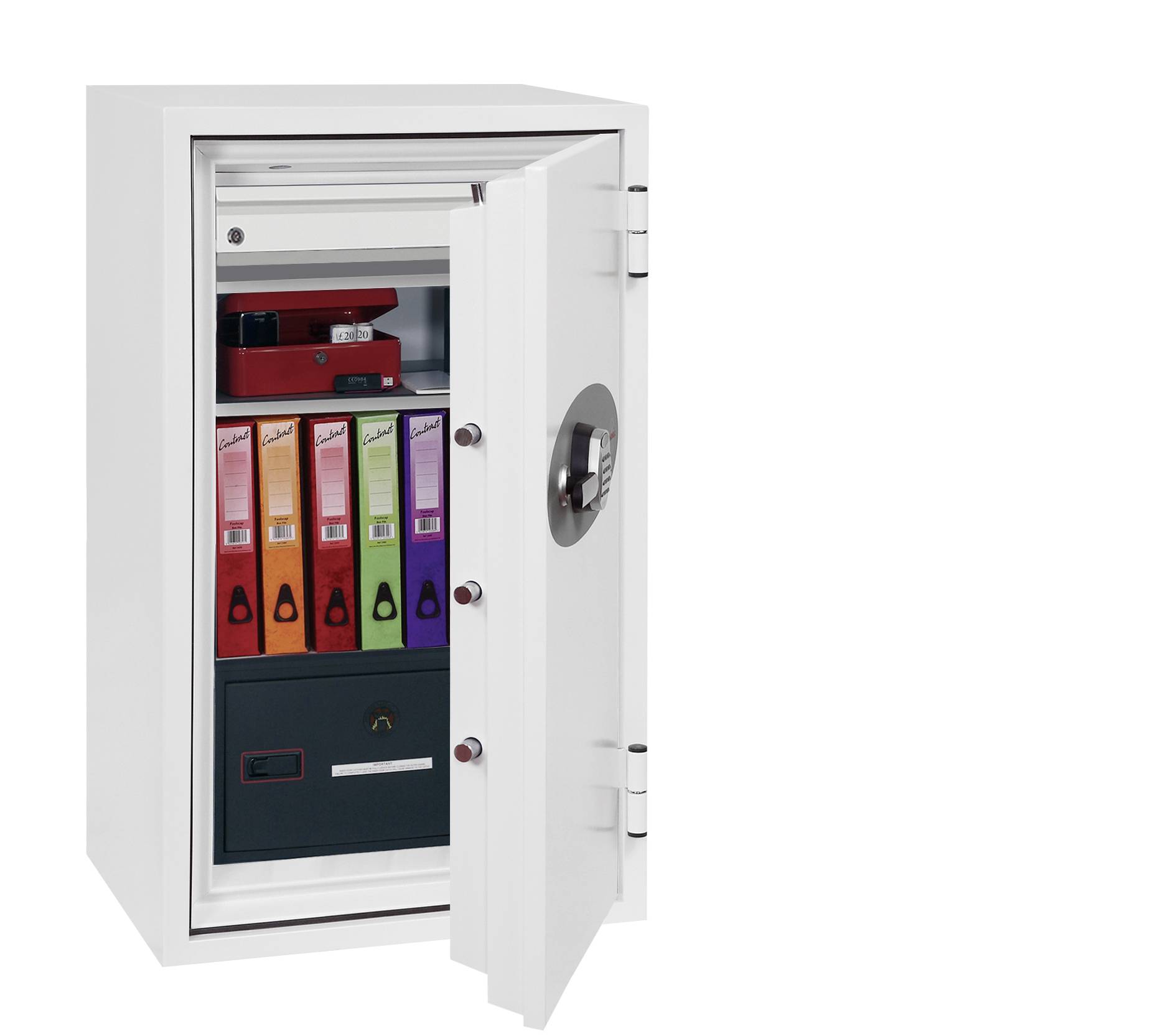 Ein geöffneter Tresor mit verschiedenen Aktenordnern und einem kleinen Safe innen. Oben liegt ein rotes Kästchen.
