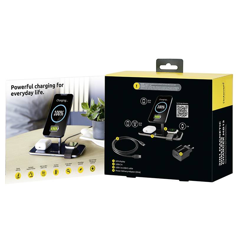 Die Verpackung eines kabellosen Ladegeräts zeigt ein Smartphone, das aufgeladen wird. Aufgedruckter Text: 'Powerful charging for everyday life'.