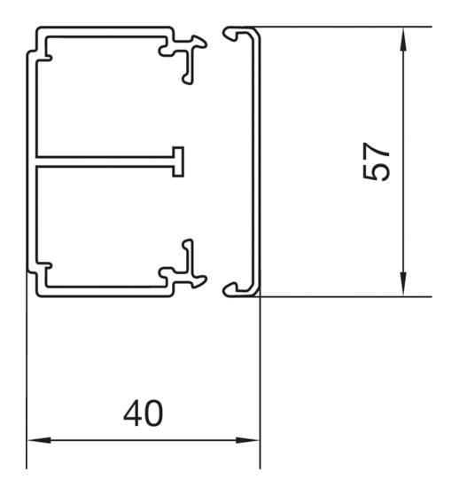 Eine technische Zeichnung zeigt ein Aluminiumprofil mit den Maßen: Breite 40 mm und Höhe 57 mm.
