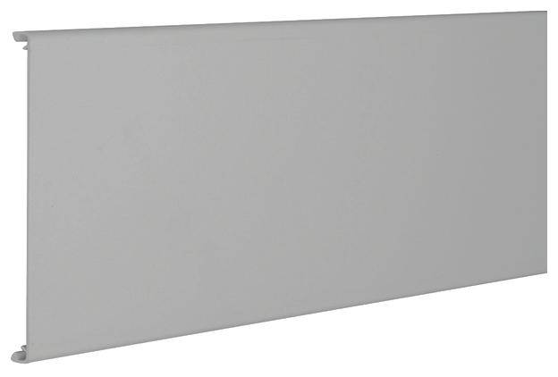 Graue Stahlplatte mit rechteckiger Form, glatte Oberfläche, seitliche Schienen. Nutzen: Material für Baukonstruktionen oder Verkleidungen.