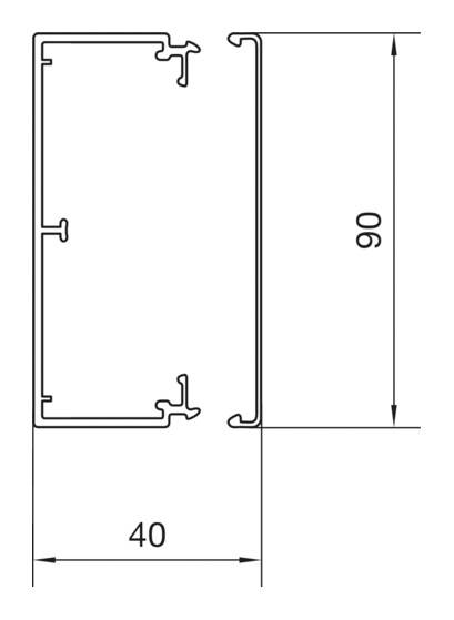 Technische Zeichnung eines rechteckigen Metallprofils mit Abmessungen: Höhe 90 mm, Breite 40 mm. Zeigt Schnitt- und Verbindungsstellen.