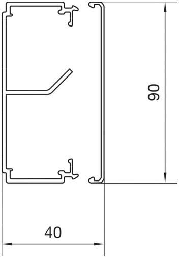 Technische Zeichnung eines Profils mit Maßen: Höhe 90 mm, Breite 40 mm. Darstellung der Seitenansicht mit detaillierter Kontur.