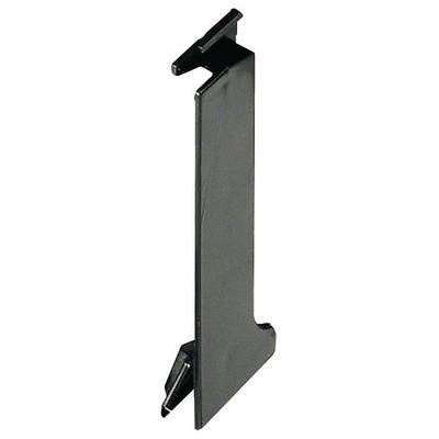 Schwarzer Plastikadapter in rechteckiger Form mit Haken oben und einem abgewinkelten Ende unten. Gedacht für Befestigungszwecke.