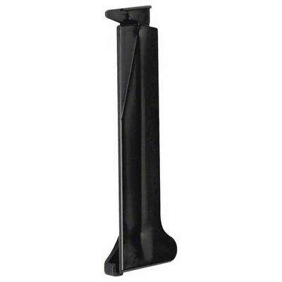 Eine schwarze, vertikale Kunststoffhalterung mit dreieckiger Basis und schmaler Spitze, vermutlich ein Standfuß oder Stützelement.