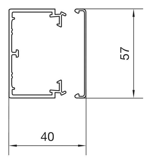 Technische Zeichnung eines Aluminiumprofils. Die Abmessungen sind: Breite 40 mm und Höhe 57 mm.