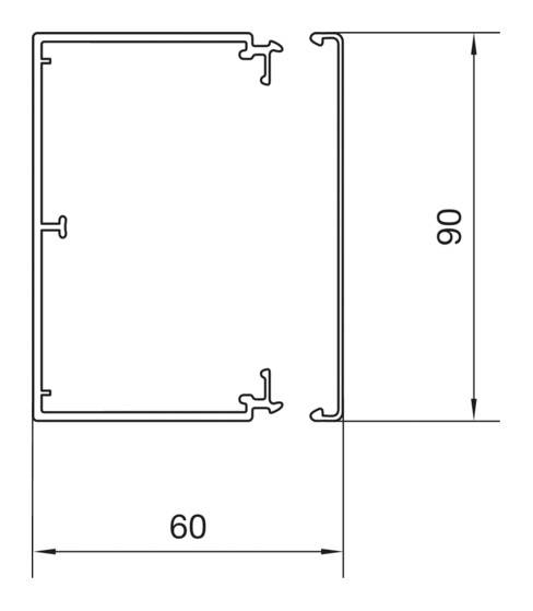Querschnitt eines rechteckigen Aluminiumprofils, 60 mm Breite, 90 mm Höhe, seitliche Nut zur Befestigung von Bauteilen.