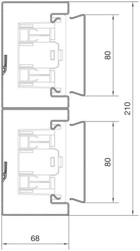 Technische Zeichnung eines Querschnitts von zwei Metallkomponenten, jede mit den Maßen 80 x 68 mm, mit einer Gesamthöhe von 210 mm.