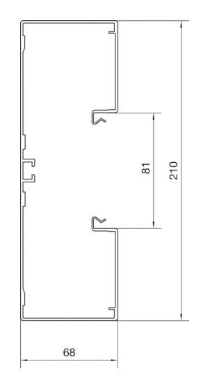 Querschnitt einer rechteckigen Struktur, Länge 210 mm, Breite 68 mm. Innerer Abschnitt 81 mm breit. Zeigt Segmente und Details.