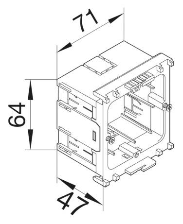 Zeichnung eines rechteckigen elektrischen Geräts, mit Abmessungen 71 mm, 64 mm und 47 mm, zeigt Details der inneren Struktur.